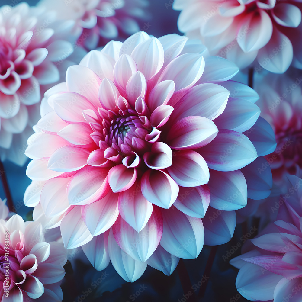 Pink Dahlia Flowers in Nature Close-Up on a Blue Background Pink Dahlia Flowers in Nature Close-Up on a Blue Background