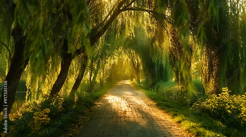 Naklejka premium A tranquil drive beneath the graceful branches of weeping willows, their leaves rustling softly, the path illuminated by the warm light of the setting sun, creating a peaceful and magical atmosphere,