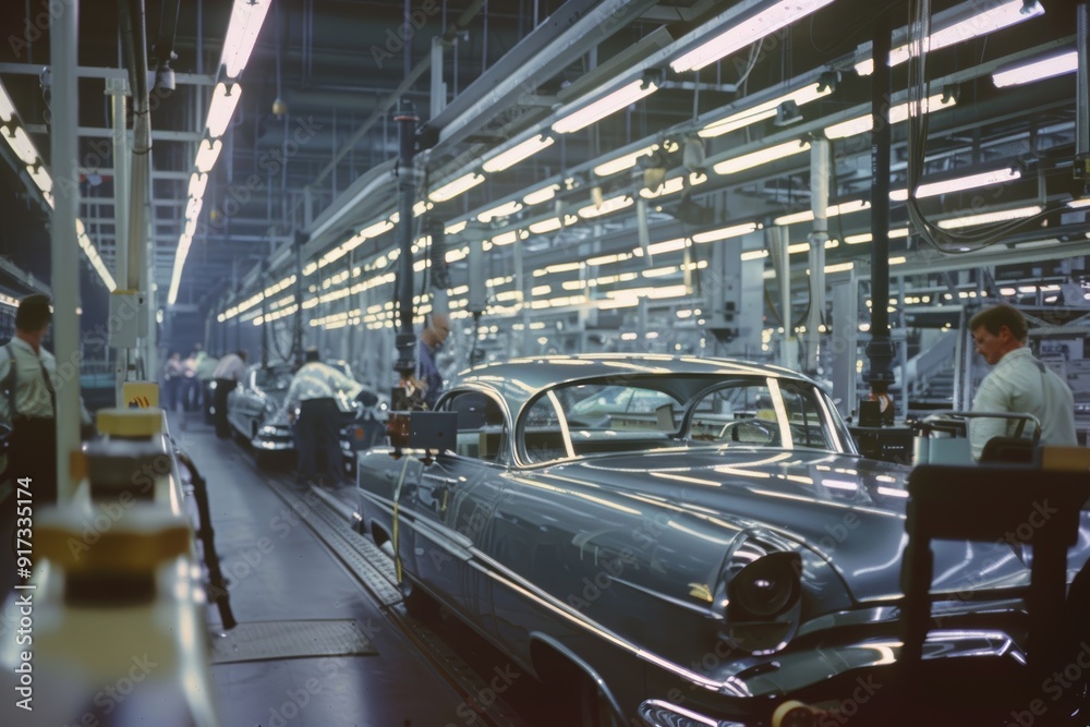 Obraz premium Engineers Testing Vehicle Durability in a Busy Automobile Factory Assembly Line