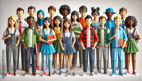 Back to School: Diverse Group of Students in Casual and School Uniforms, Origami Style