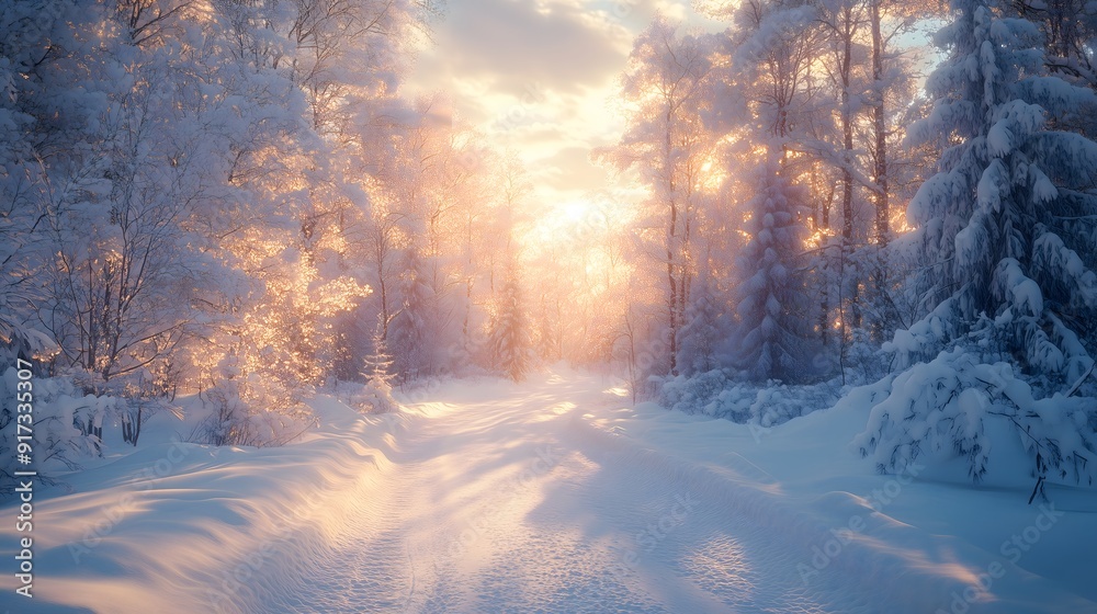 Winter Sunrise Sparkles on Snowy Forest Path Winter Sunrise Sparkles on Snowy Forest Path