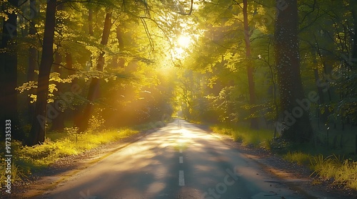 A tranquil drive through a forest with sunlight streaming through the leaves, the soft light creating dappled patterns on the road, enhancing the magical and serene scene, natural look, hd quality.