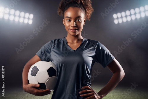 Confident Young Black Female Soccer Player Holding Ball at the stadium at night