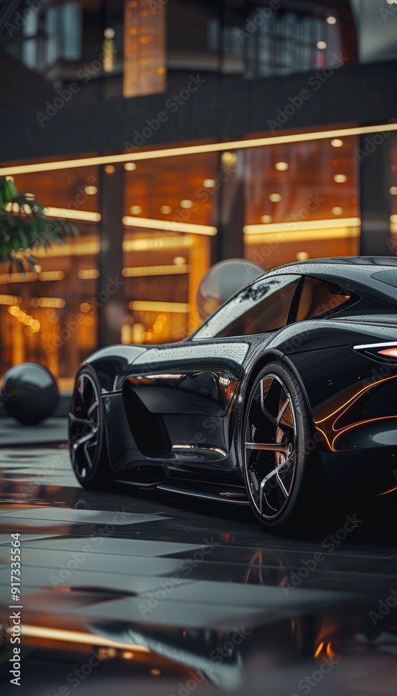 Sleek Black Luxury Electric Sports Car Parked in High-End Urban Environment at Night Sleek Black Luxury Electric Sports Car Parked in High-End Urban Environment at Night