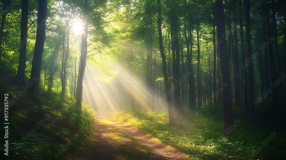 Obraz premium Sunbeams Illuminating a Path Through a Misty Forest
