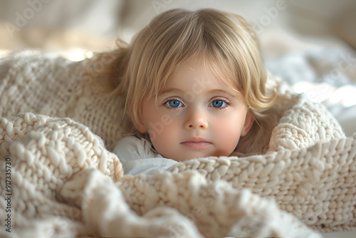 newborn baby girl plays with her legs pushing them into her mouth in white clothes on the bed at home on her back, top view, baby with legs in her mouth, space for text