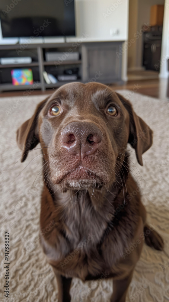 Chocolate Labrador close-up with curious expression Chocolate Labrador close-up with curious expression