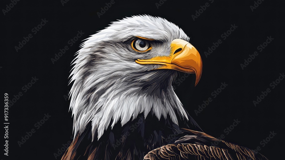 A close-up portrait of an eagle, its sharp beak and piercing eyes staring intensely against a dark background, showcasing the intricate detail of its feathers. A close-up portrait of an eagle, its sharp beak and piercing eyes staring intensely against a dark background, showcasing the intricate detail of its feathers.