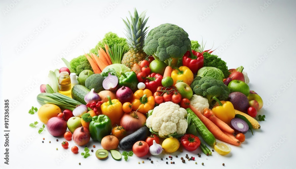 Colorful, fresh fruits and vegetables arranged on a white background. Colorful, fresh fruits and vegetables arranged on a white background.