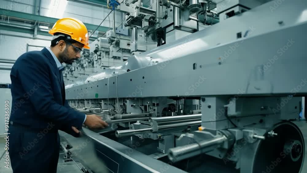 Factory worker operates advanced machinery in an automated production line during daytime hours Factory worker operates advanced machinery in an automated production line during daytime hours