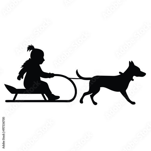 a vector silhouette, girl who is sledding with his dog on white background 