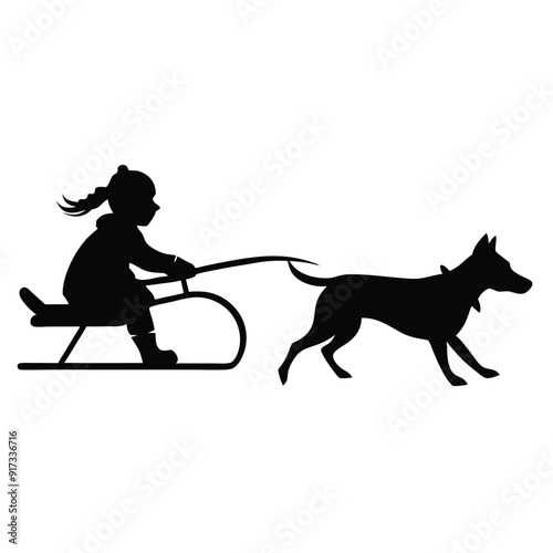 a vector silhouette, girl who is sledding with his dog on white background 