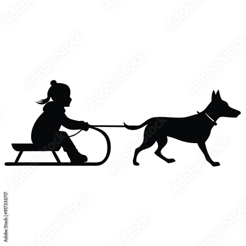 a vector silhouette, girl who is sledding with his dog on white background 