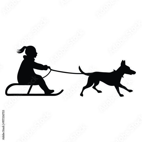 a vector silhouette, girl who is sledding with his dog on white background 