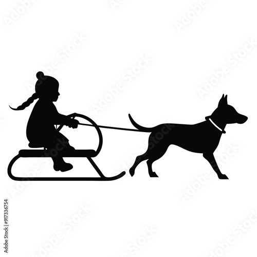 a vector silhouette, girl who is sledding with his dog on white background 