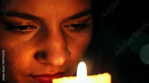 The flames of a candle held by a protester cast shadows on their face adding a somber tone to their protest. photo