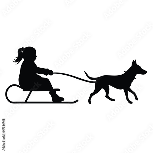 a vector silhouette, girl who is sledding with his dog on white background 