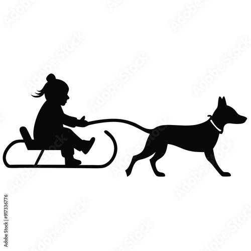 a vector silhouette, girl who is sledding with his dog on white background 