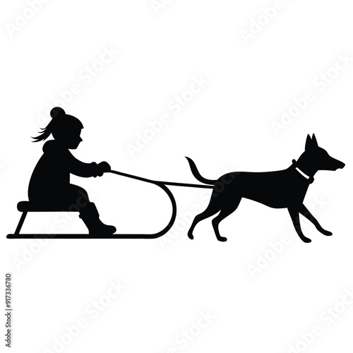 a vector silhouette, girl who is sledding with his dog on white background 