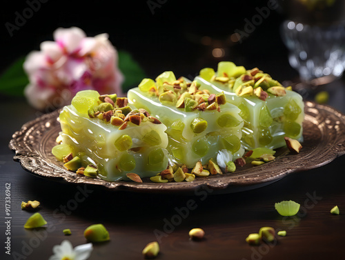 Awesome riental arabic sweet warbat with creamy and pistachio photo