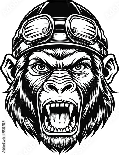 Aggressive gorilla wearing skydiver or pilot cap in Head vector  vector illustration silhouette monochrome style