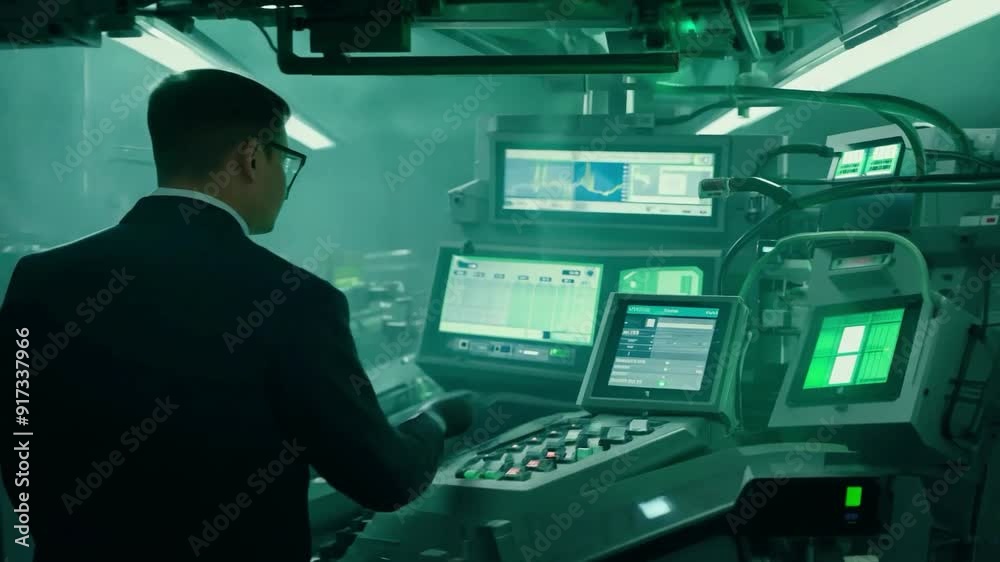 Man in formal attire operates advanced technology in a dimly lit control room at night Man in formal attire operates advanced technology in a dimly lit control room at night