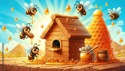 Cute cartoon bees buzzing around a wooden beehive with honey. photo