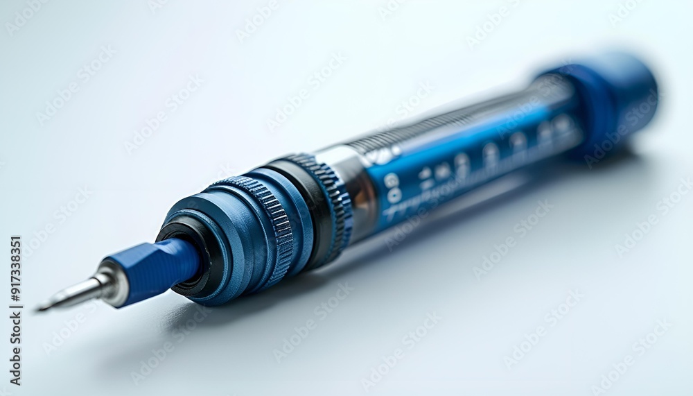 A blue pen with a black tip rests on a clean white surface.