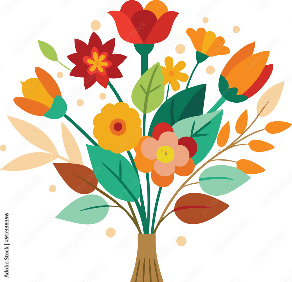 Fototapeta premium A bouquet filled with bright flowers and leaves arranged beautifully in a visually appealing composition.