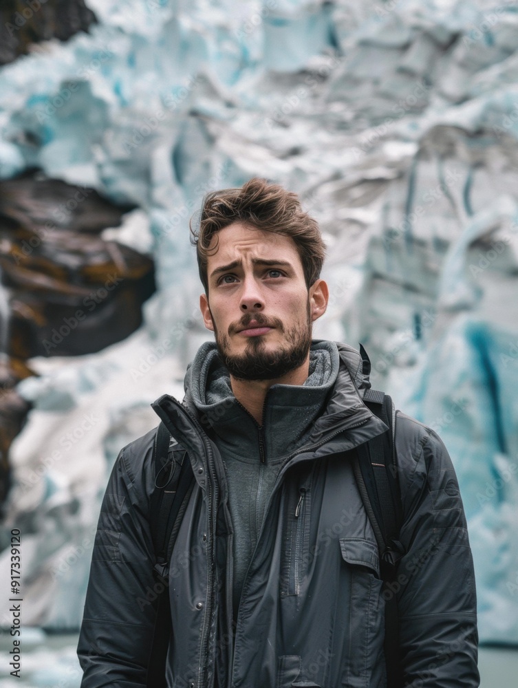 A man in a black jacket looks up at a glacier. AI. A man in a black jacket looks up at a glacier. AI.