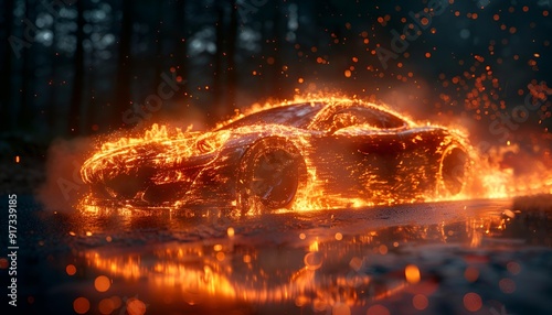 A car engulfed in flames amidst a dense forest, smoke billowing into the air.