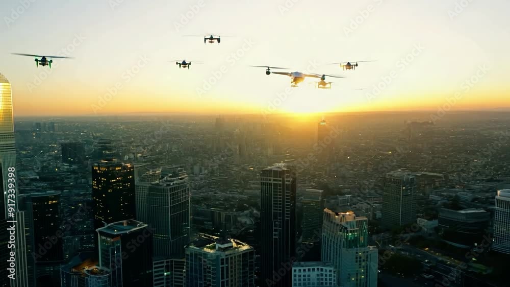 Drones soaring over a bustling city skyline during a stunning sunset Drones soaring over a bustling city skyline during a stunning sunset