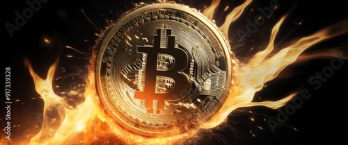 Fiery Bitcoin Explosion: Digital Currency Concept with Gold Coin Amidst Flames and Sparks