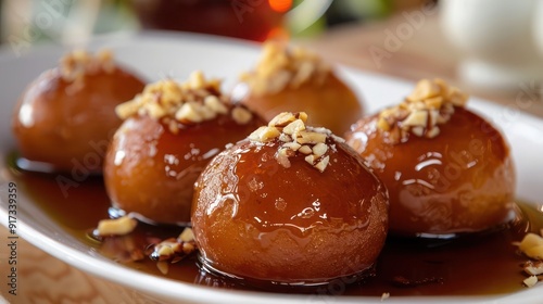 Close-up shot of a plate of soft and moist gulab jamun, soaked in fragrant rose syrup and garnished with crushed nuts.