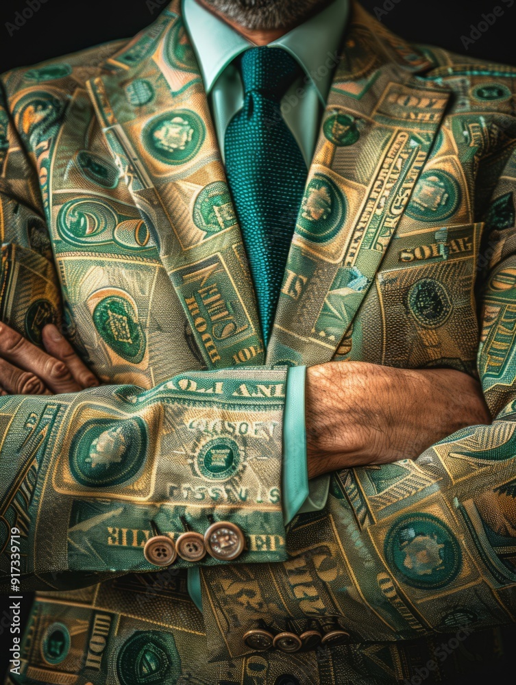 Male model in stylish suit with money pattern in style of trendy fashion editorial. Dollar suit. Male model in stylish suit with money pattern in style of trendy fashion editorial. Dollar suit.