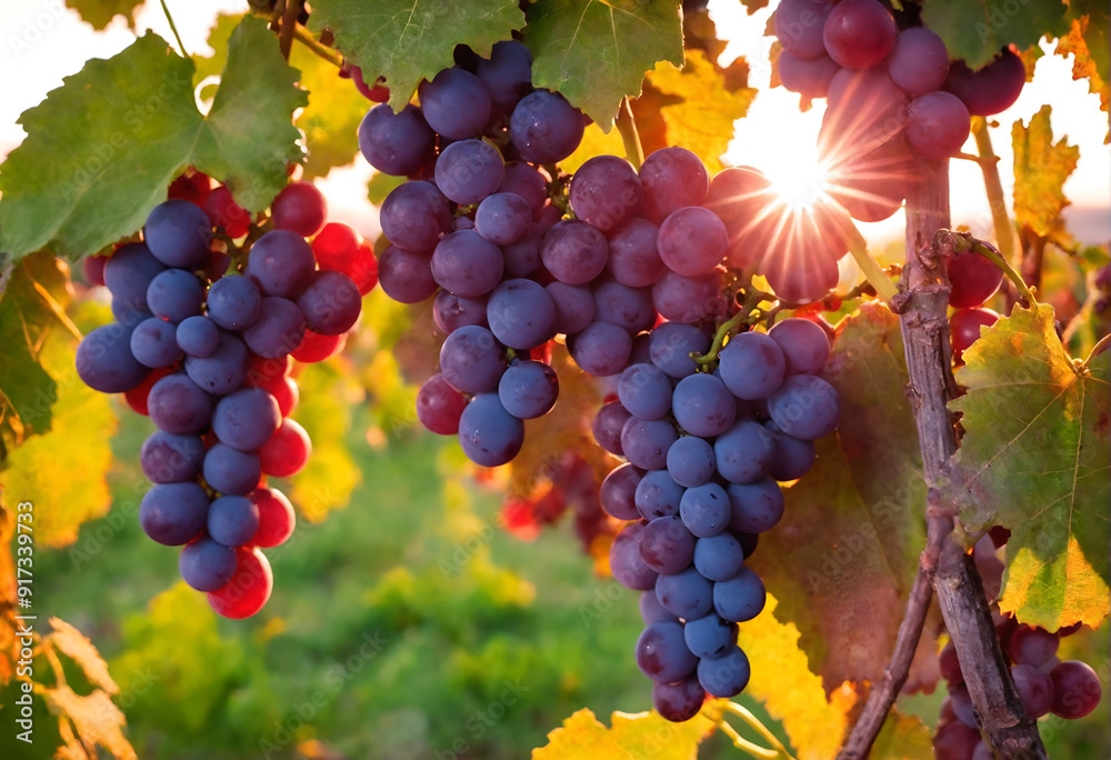 Naklejka premium Vine grapes on tree at sunset