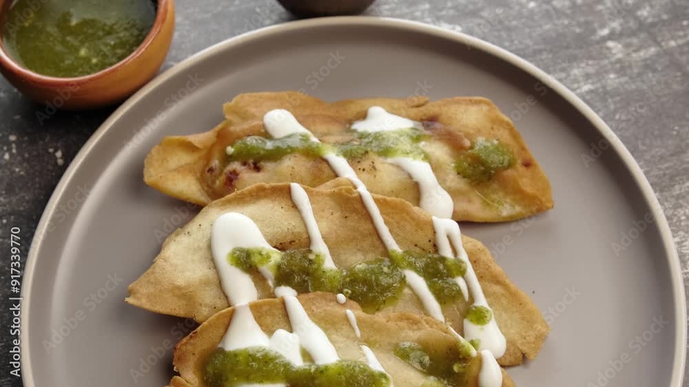 Fried molotes, accompanied with green sauce and sour cream Fried molotes, accompanied with green sauce and sour cream