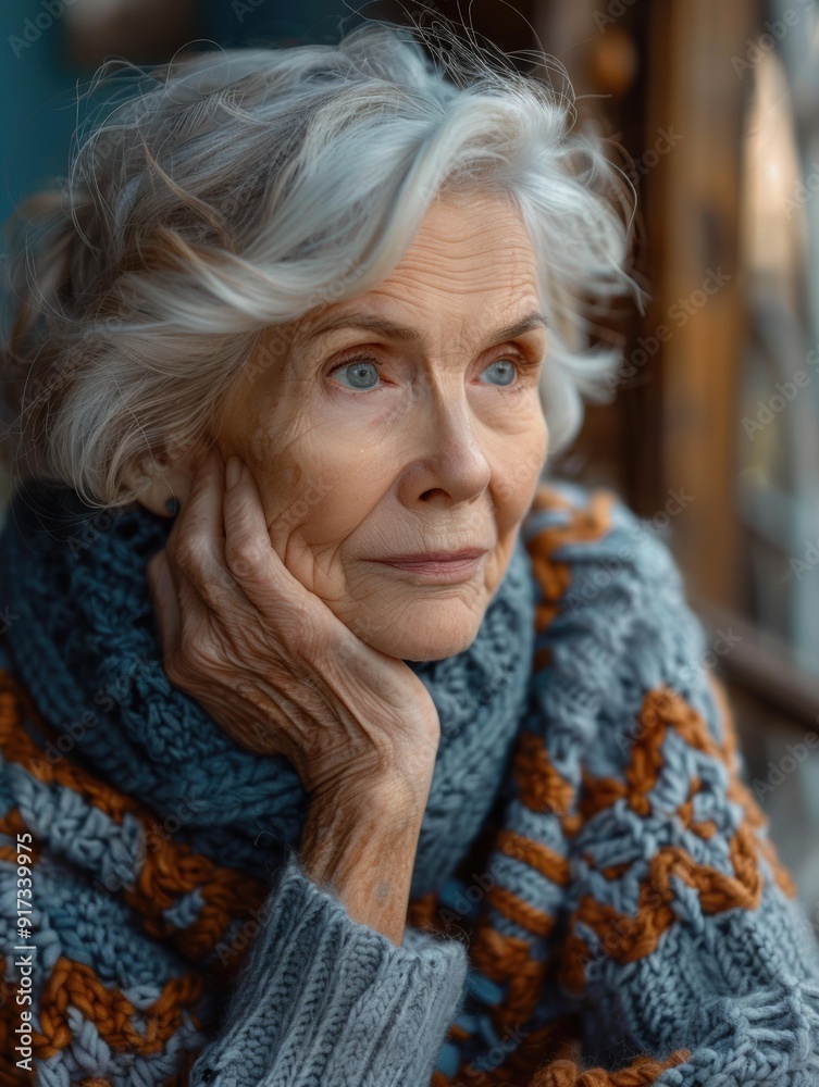 A woman in a knitted sweater looks thoughtfully off-camera. AI. A woman in a knitted sweater looks thoughtfully off-camera. AI.