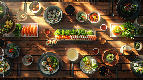 Japanese restaurant dinner table spread in top-down view, array of beautifully plated sushi, sashimi, tempura, surrounded, fresh salads, traditional Japanese food