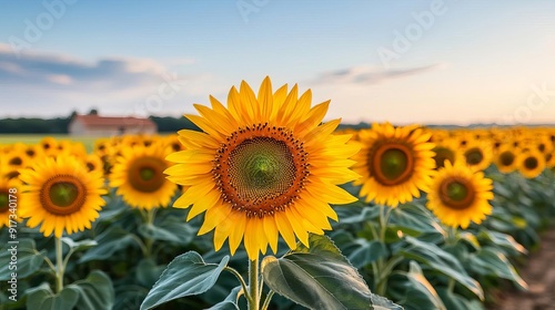 Vibrant, sunflower fields, golden blooms, high quality, photorealistic, summer, cheerful, idyllic, rural, panoramic, breathtaking