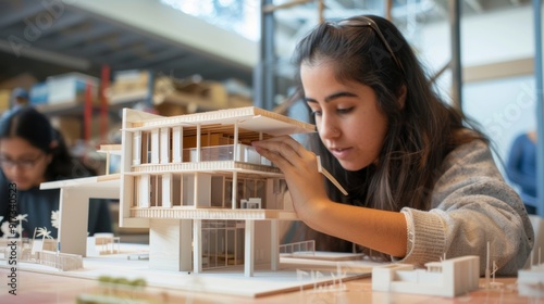 An undergraduate architecture student working on a model of a modern box house, holding part of the model while thinking about the concept of construction and construction, focusing on her hands.