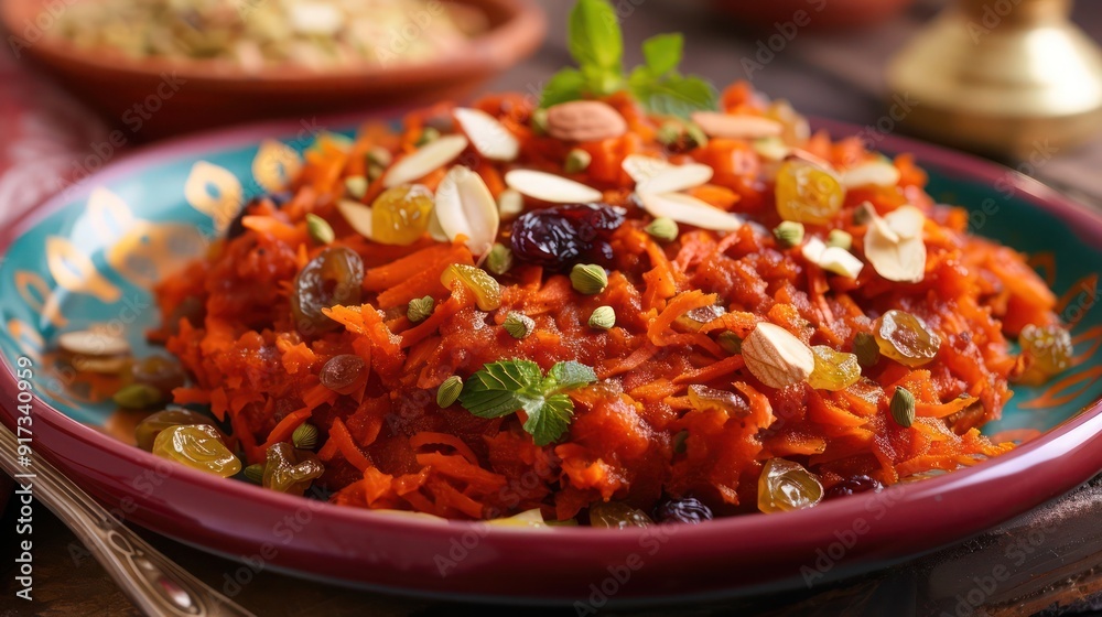 Close-up shot of a vibrant plate of gajar ka halwa, carrot pudding with a hint of cardamom, garnished with golden raisins and almonds. Close-up shot of a vibrant plate of gajar ka halwa, carrot pudding with a hint of cardamom, garnished with golden raisins and almonds.