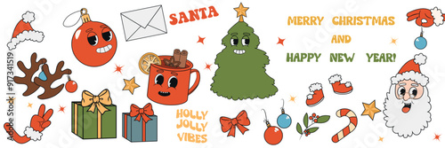 Big retro groovy Christmas set. Groovy illustration style white background. Santa Claus, Christmas tree, gifts, holly jolly vibes, coffee in trendy retro cartoon style.