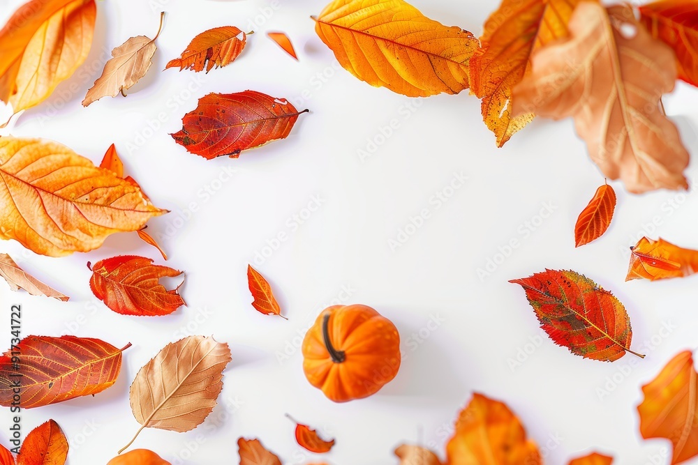 Pumpkin and fall leaves on a white background Pumpkin and fall leaves on a white background