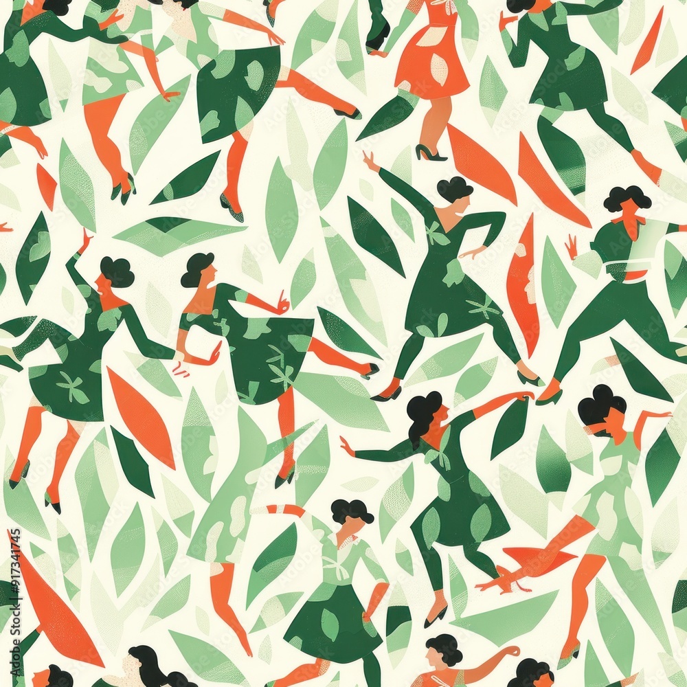 Abstract Green and Orange Women Dancing Seamless Pattern. Abstract Green and Orange Women Dancing Seamless Pattern.