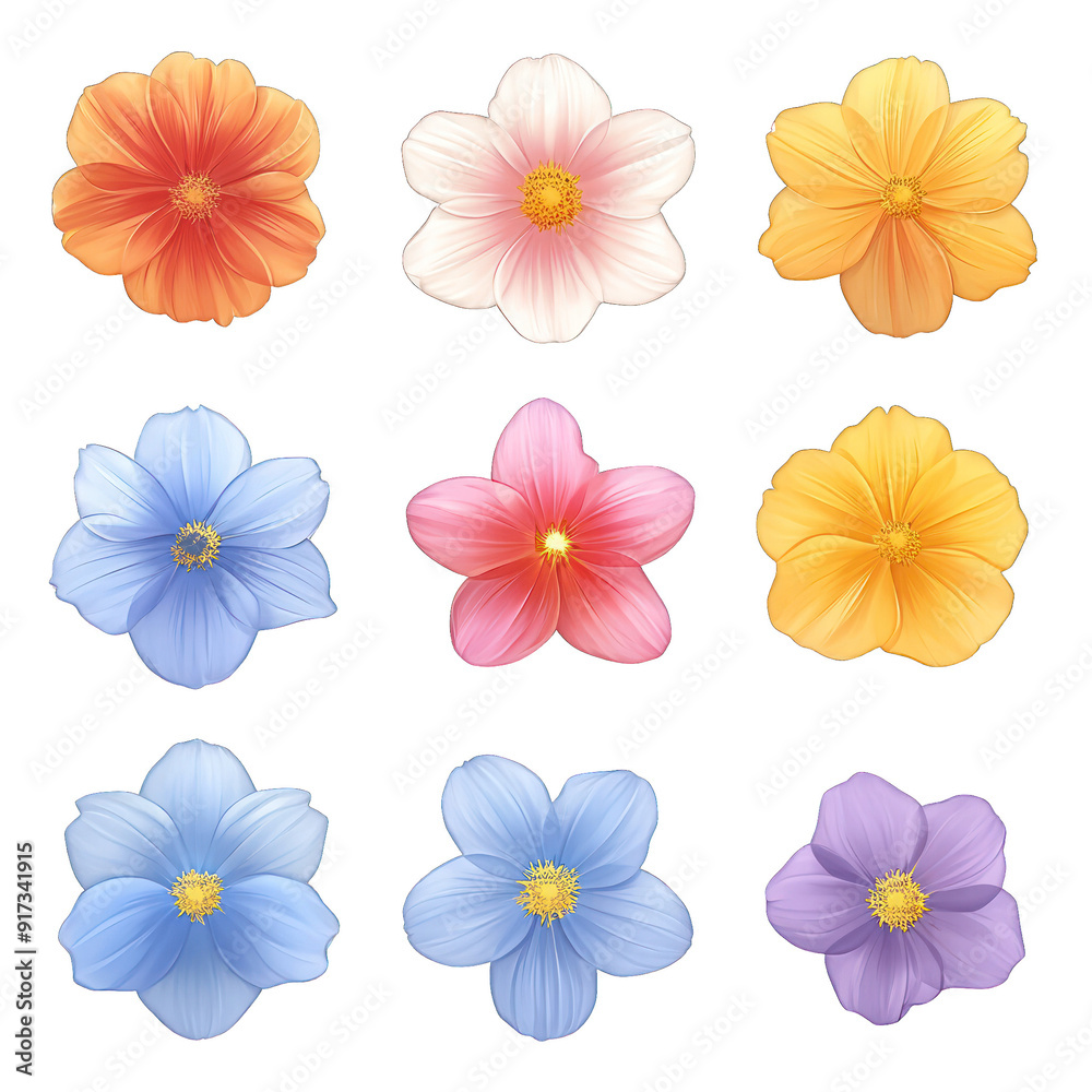 A vibrant collection of nine colorful flowers, showcasing unique shapes and hues, perfect for decorative and illustrative purposes. transparent background A vibrant collection of nine colorful flowers, showcasing unique shapes and hues, perfect for decorative and illustrative purposes. transparent background