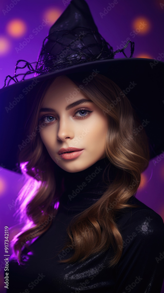 Vertical banner. Young cute blonde woman with witch hat looks at camera. Purple background. Concept of Halloween, autumn holiday, autumn, horror party, fear, fantasy, evil. Bokeh light. Trick or treat Vertical banner. Young cute blonde woman with witch hat looks at camera. Purple background. Concept of Halloween, autumn holiday, autumn, horror party, fear, fantasy, evil. Bokeh light. Trick or treat