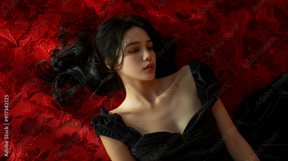 asian woman in a black dress and long black hair, lying on the floor with skulls and red carpet, beautiful gothic model asian woman in a black dress and long black hair, lying on the floor with skulls and red carpet, beautiful gothic model
