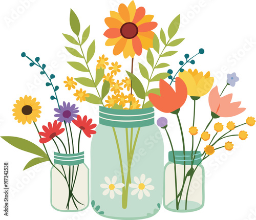 Vibrant flowers arranged in glass jars, showcasing a lively and cheerful display of nature.