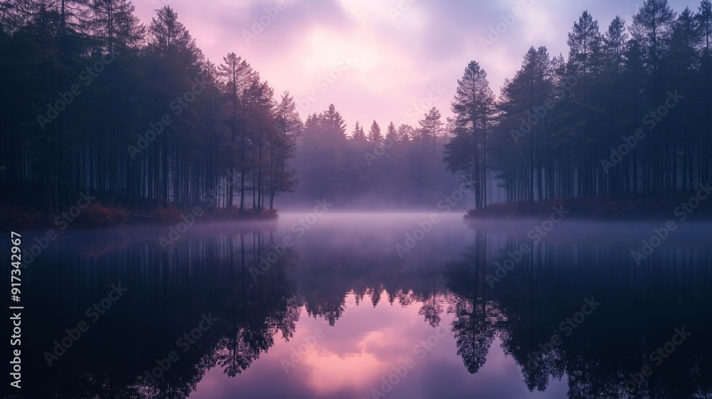 Misty forest lake at dawn with reflection. Misty forest lake at dawn with reflection.